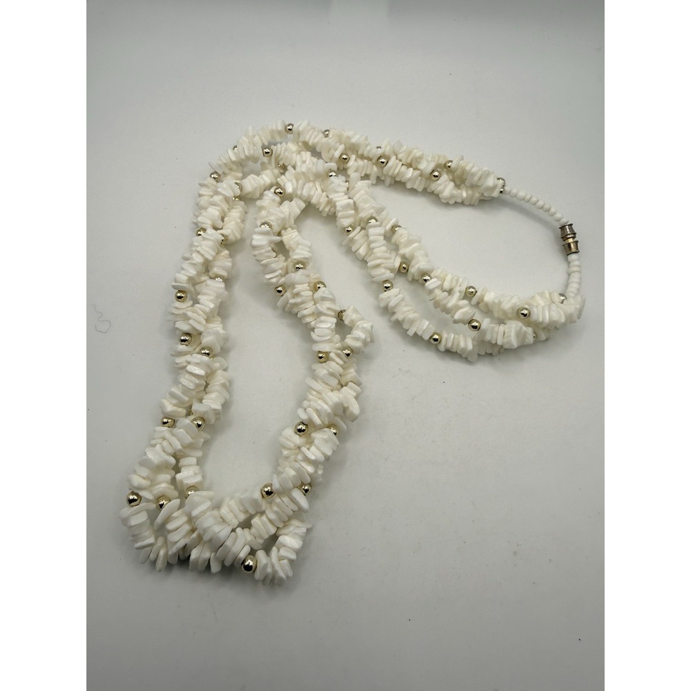 Vintage White Shell Chip Necklace Multi Strand Twisted Gold Tone Beach 20"